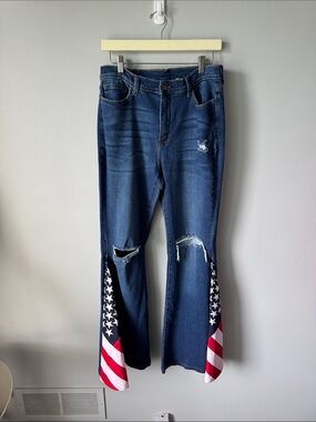 Distressed Dark Blue Flare Jeans with Star-Striped Panels